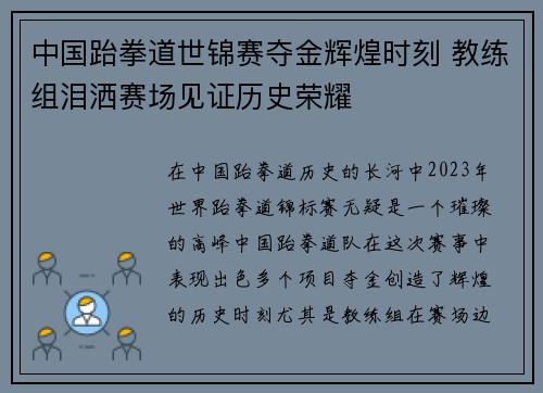 中国跆拳道世锦赛夺金辉煌时刻 教练组泪洒赛场见证历史荣耀 中国跆拳道世锦赛夺金辉煌时刻 教练组泪洒赛场见证历史荣耀