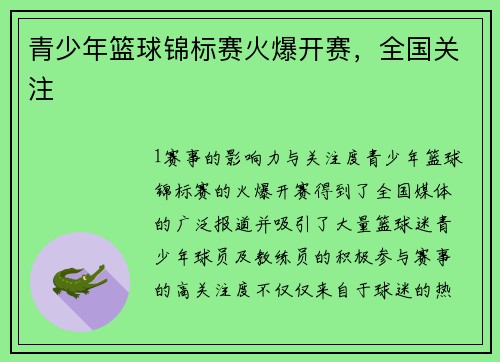 青少年篮球锦标赛火爆开赛，全国关注